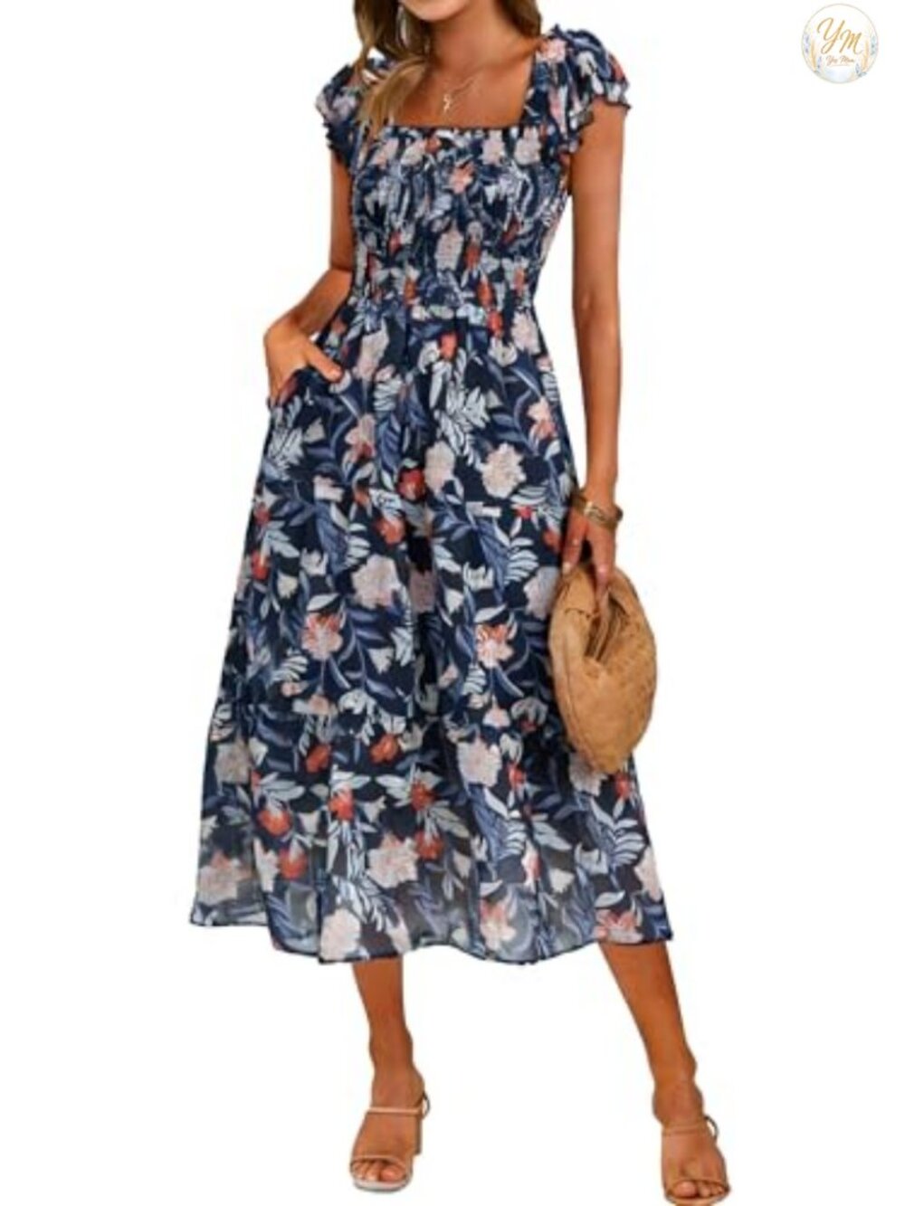 Simplee Women's Chiffon Midi Dress Flutter Sleeve Smocked Square Neck Boho